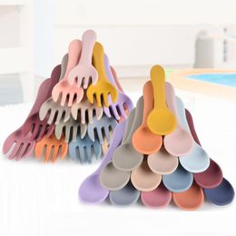 14cm Silicone Spoon Fork 28 Colours Baby Foods Ice Cream Spoons Fruit Salad Cake Forks Children Tableware