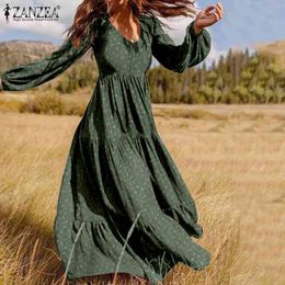 ZANZEA 2021 Stylish Ruffle Maxi Dress Casual Puff Sleeve Tunic Vestidos Female Solid Robe Women's Autumn Sundress Plus Size 5XL X0521