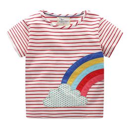 Jumping Meters 2-7T Summer Stripe Girls T Shirts for Autumn Spring Selling Kids Cotton Clothes Rainbow Applique Baby Tees 210529