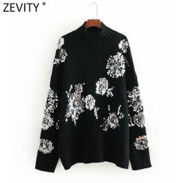 Women High Street Sequins Embroidery Appliques Knitting Sweater Ladies Chic Long Sleeve Brand Pullovers Tops S512 210420