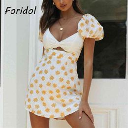 Foridol Daisy Print Boho Summer Dress Women Backless Mini Beach Dress White Floral Sundress Vestidos Hollow Out Front 210415