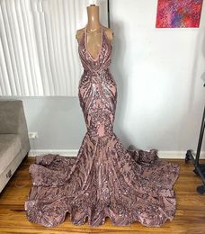 Long Sexy Prom Dresses 2022 Mermaid halter V-neck african Sleeveless Rose Gold applique Sequined Black Girl evening Gala Gowns