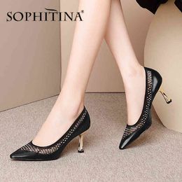 SOPHITINA Office Women Pumps Patchwork Bling Decoration High Quality Cow Leather Thin Heels Commute Shoes Summer Pumps PO455 210513