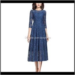 Casual Dresses Womens Clothing Apparel Drop Delivery 2021 Spring Vintage Three Quarter Sleeve Blue Lace Dress For Women Vj0B3