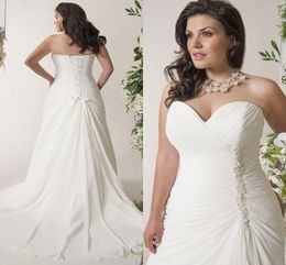 Plus Size Wedding Dresses Sweetheart Sleeveless Pearls Bridal Gowns Pleats Chiffon Beach Boho Robe De Mariage