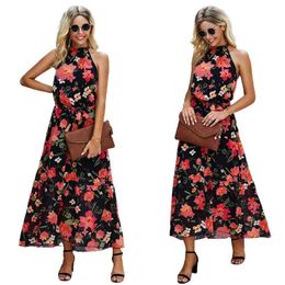 Ladies Halter O-Neck Sleeveless Flower Print Ankle-length Dresses Summer Sexy Lace-up Backless High Streetwear Robe Longue Femme 210604