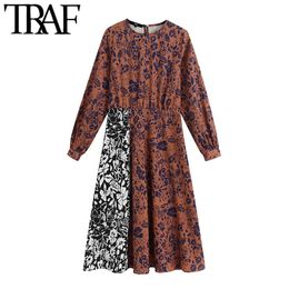 TRAF Women Chic Fashion Floral Print Patchwork Midi Dress Vintage O Neck Long Sleeve Female Dresses Vestidos Mujer 210415