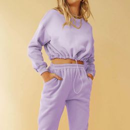 Cropped Sweatshirt 2 Pieces Sets Women's O-neck Long Sleeve Short Tops And High Waist Pant Set Autumn Sports Outfits Suits 210521