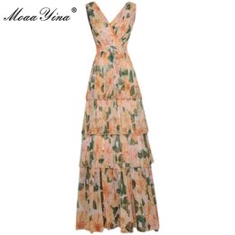 Bohemian Vacation Long Dress Women's Summer V-Neck Sleeveless Fashion Cascading Ruffle Floral print Maxi 210524