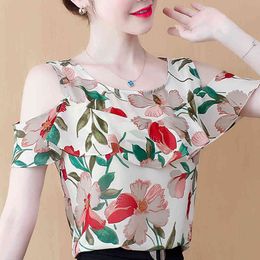 Blusas Mujer De Moda Blouse Women Off Shoulder Top O-neck Print Chiffon Blouses Shirt Short Sleeve Women Shirts Tops D365 210426