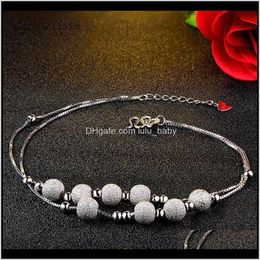 Fashion Pure 925 Sterling Silver Anklet Frosted Gold Color White Round Beads For Women Ankle Bracelet Foot Chain Jewelry F1219 2Rkr 7Qz5F