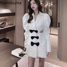 Nomikuma Elegant Notched Collar Woman Dress Korean Bowknot Sexy Hollow-out Vestidos Femme Spring Puff Sleeve Dresses 6F860 210427