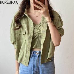 Korejpaa Women Jackets Summer Korean Retro Temperament Lapel Single-Breasted Tooling Coat Pleated Waist Bottoming Camisole 210526