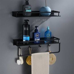 Bathroom Shelf With Towel Bar Wall Mounted Aluminum Shower Black Shampoo Holder Basket Corner shelf 211112