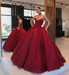 glaring Long Evening Dresses with pockets 2021 sweetheart Puffy Ball Gowns Glitter Burgundy Arabic Style Women Formal Gown