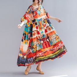 Johnature Summer Bohemia Dress Casual Women Cloths Multi Colour Print Floral High Waist Vintage Cotton Linen Dress 210521