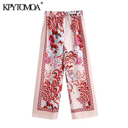 KPYTOMOA Women Chic Fashion Patchwork Floral Print Wide Leg Pants Vintage High Elastic Waist Female Ankle Trousers Mujer 210925