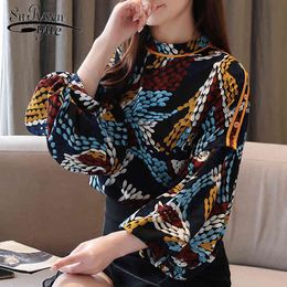 Korean Stye Women Long Sleeve Print Shirt Vintage O-neck Tops and Blouse Elegant Puff Clothes Blusas 8349 50 210521