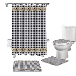 Shower Curtains Halloween Theme White Black Plaid Curtain Toilet Lid Cover Bath Mat Set Bathroom Non-slip Rug Bathtub Home Decor