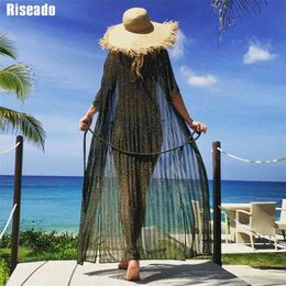 Riseado Pareo Beach Tunic Bikini Cover Ups Long Dress Swimwear Half-sleeve Swimsuit Sexy Bathing Suits Women 210714