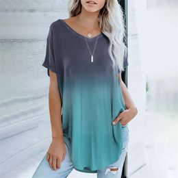 Gradient Print V Neck Loose Short Sleeve T Shirt Women Casual Mid Length Simplicity Streetwear Irregular Hem Tops Tee 210603