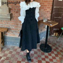 Korean Spring Elegant Two Pieces A-Line Slim Sashes Maxi Lady Dresses Solid Single Breasted Ruffle Shirts Sweet Girls 210601