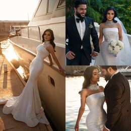 Luxurious High Neck Mermaid Wedding Dresses With Detachable Train Beaded Crystals Lace Sequined Bridal Gowns Robe de mariée
