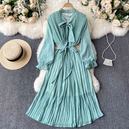 SINGREINY Women French Sweet Print Blouse Korean Chic Bow Collar Puff Sleeve A-line Dresses Autumn Fashion Streetwear Midi Dress 210419