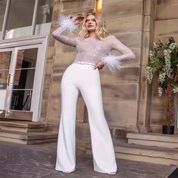 2022 Elegant Women Jumpsuits Formal Evening Dresses Feather Long Sleeves Sequins Pearls Beaded Special Occasion Gowns Prom Party Dress Pants Suit