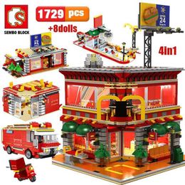 SEMBO 1729pcs City Street View 4 In 1 LED Restaurant Architecture House Car Truck Model Building Blocks Toys For Kid Q0624