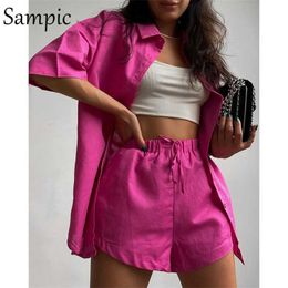 Sampic Casual Lounge Wear Summer Green Tracksuit Women Shorts Set Short Sleeve Shirt Tops And Loose Mini Shorts Two Piece Set Y0702