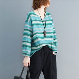 Spring Arts Style Women Long Sleeve Loose V-neck T-shirt Vintage Striped Cotton Linen Tee Shirt Femme Tops Big Size V269 210512