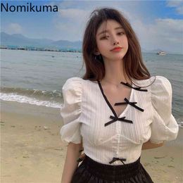 Nomikuma V Neck Short Sleeve Shirt Women Bow Knot Design Arrival Crop Tops Korean Style High Street Blouse Blusas Mujer 210514