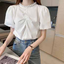 Women's Blouses & Shirts Summer Pearl Pure Colour Loose Tops Women Round Neck Temperament Fashion Commute For Puff Sleeve 2021