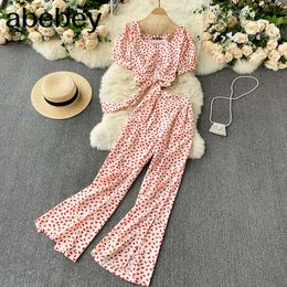 Women Summer Boho Floral Beach Suit Design Lace Up Short Tops+Sexy Split High Waist Wide Leg Long Pants Two Piece Set Y0625