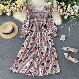 Spring Women's Dress Retro Printing Round Neck Long-sleeved Korean Was Thin and Large Swing Female es LL085 210506