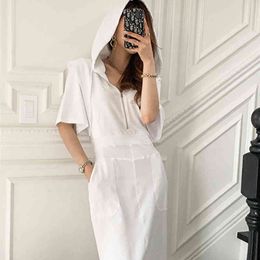 Chic Women Casual Hooded Sweatshirt Midi Dress Elastic Waist Short Sleeve Female Bodycon Slim Dress Summer 210515