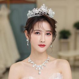 Earrings & Necklace Wedding Accessories For Women Bridal Jewelry Sets Crystal Bride Headwear 3D Floral Crowns Tiara Water Drop Chocker Neckl