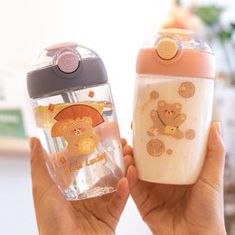 Children's straw drinking Water Bottles Chunky Bear Portable Strawberry Student Cute Small Handy Plastic Cup 4 styles