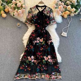 Women Fashion Contrast Bow Round Neck Short Sleeve Slim Embroidery Flower A-line Dress Elegant Vestidos De Mujer R322 210527