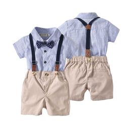 Baby Boy Clothes Set Kid Gentleman Outfit Infant Formal Suit Party Toddler Bow Tie Striped Shirt Bodysuit+suspenders Bib Shorts G1023