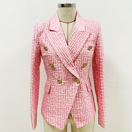 Classic Style Top Quality Original Design Women's Double-Breasted Blazer Maze Pattern Slim Suit Jacket Metal Buckles Pink Blazers Jacquard Coat Outwear