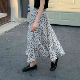 Thickened Vintage Floral Print A-line Pleated Long Skirt Women Korean Streetwear Drawstring Elastic Waist Midi Lined 210529