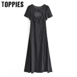 Women Black Dots Dress Chest Hollow Out Short Sleeve Dresses Vintage Vestidos 210421