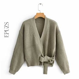 Womens green knitted Cardigan Sweater women long sleeve sashes chic sweater Streetwear Knit 211018