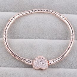 Pan Bangle Bracelets Base Silver Rose Gold Zircon Heart Buckle Fit Original Charm European Beads DIY Jewellery Wholesale