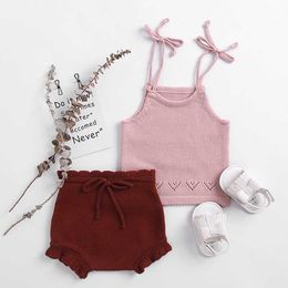Baby Girls Boys Clothing Sets Soft born Set Cotton Knitted Bowknot Design Suspender Shirt + Shorts Suit 210429