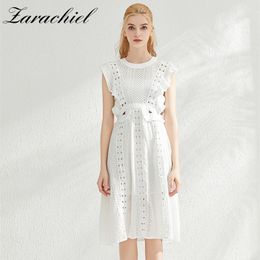 Self-Portrait Runway Embroidery White Women Sleeveless Ruffles Hollow Out Water Soluble Lace Elegant Cotton Dress 210416