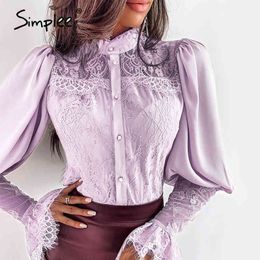 Sexy lace embroidery long sleeve women blouse Satin solid female top shirt casual Party club wear buttons tops 210414