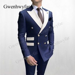 Gwenhwyfar Solid Navy Men Party Tuxedos Suits 2 Pieces Latest Mix Color White Lapel Men Suits Gold Buttons Fashion Style Suits X0909